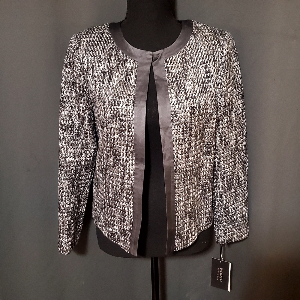 Worth New York Gray Metallic Open Front Tweed Blazer Jacket Silk Lining Sz 4 NWT